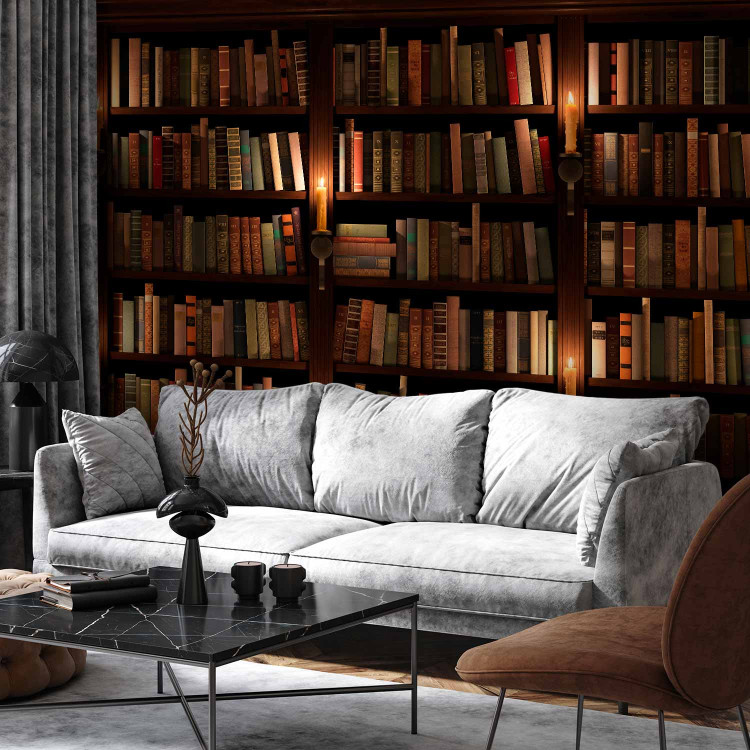 Photo Wallpaper Wooden shelves - retro-style bookcase with books and fire 106587