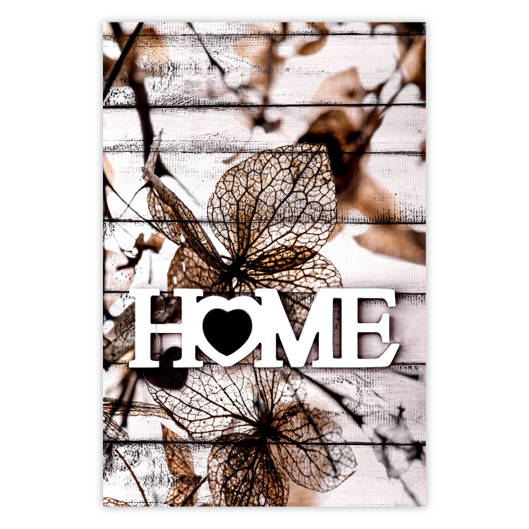 Wall Poster Living Home - autumn composition with a white inscription and flowers in the background 118287