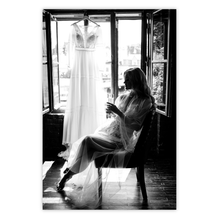 Poster Spell of Love - black and white photograph of a woman against the backdrop of a wedding dress 132287