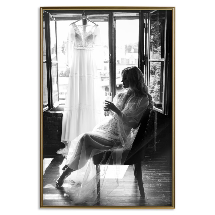 Poster Spell of Love - black and white photograph of a woman against the backdrop of a wedding dress 132287 additionalImage 21