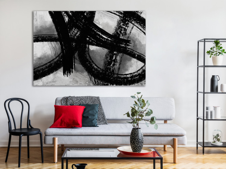 Canvas Art Print Black brush marks - black and white abstraction in modern style 134387 additionalImage 3