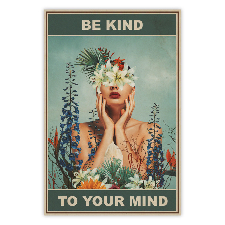 Wall Poster Be Kind to Your Mind - English texts and a woman among flowers 138887