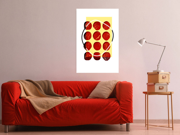 Wall Poster Twelve Steaks - unique abstraction in red circles on a yellow background 117397 additionalImage 2