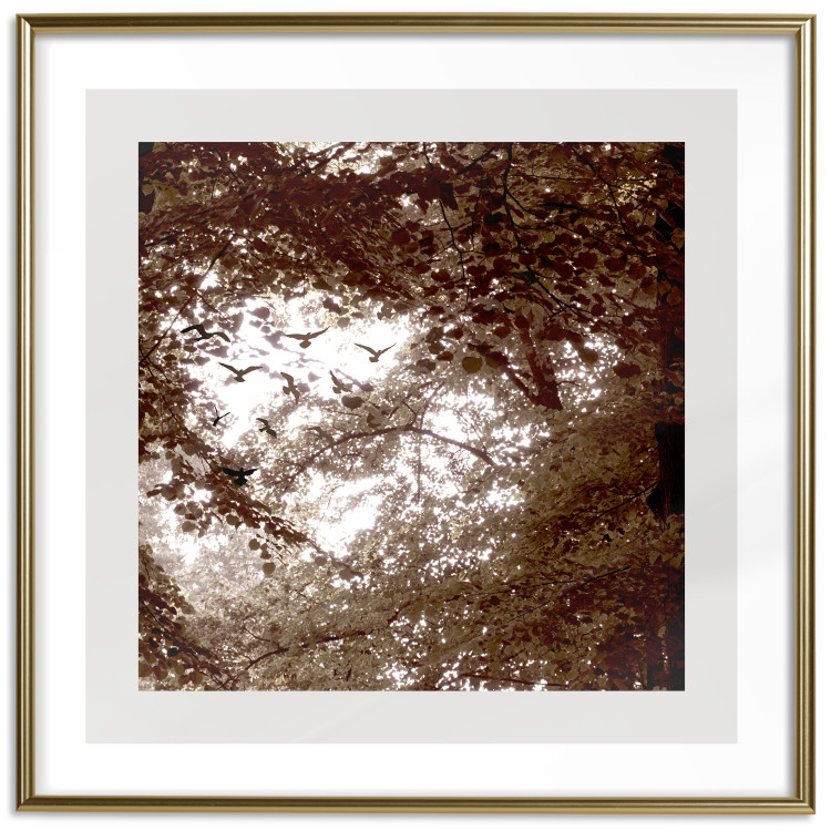 Wall Poster Freedom - landscape with birds among leafy tree canopies in sepia 119197 additionalImage 14