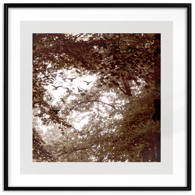 Wall Poster Freedom - landscape with birds among leafy tree canopies in sepia 119197 additionalImage 15