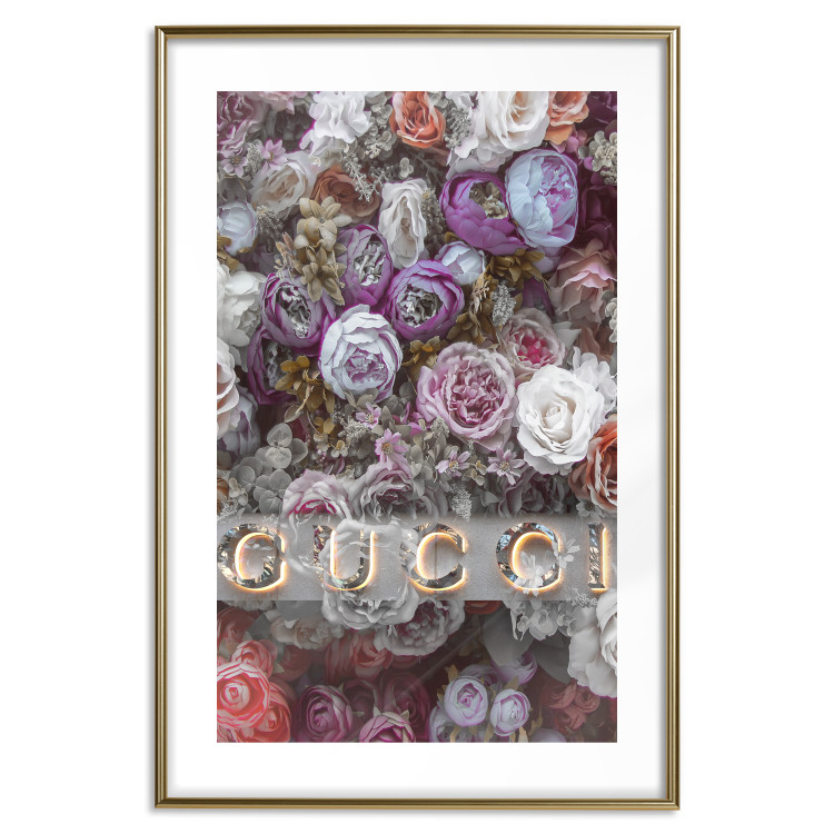 Wall Poster Gucci and Roses - composition of colorful flowers and luxury brand name 131797 additionalImage 16