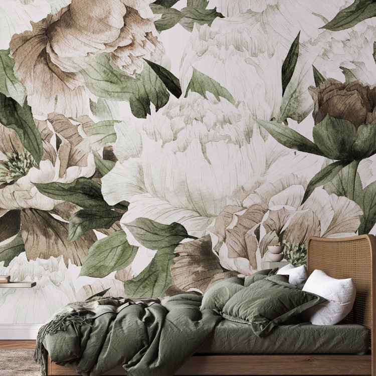Wall Mural Flowers in bloom - floral motif composition with peonies and leaves 135797 additionalImage 2