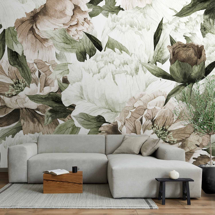 Wall Mural Flowers in bloom - floral motif composition with peonies and leaves 135797
