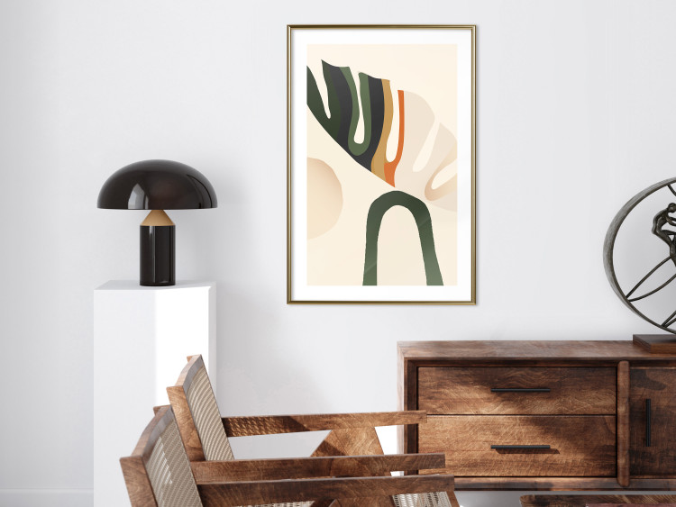 Wall Poster My Dream - simple boho-style abstraction with a leaf in warm colors 137497 additionalImage 26
