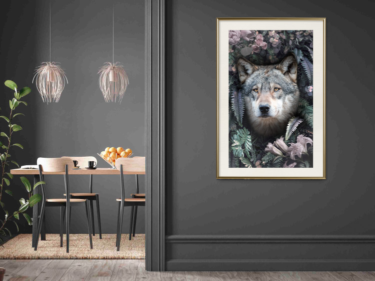 Wall Poster Wolf in Flowers - portrait of a wolf against a background of green plants and flowers 138697 additionalImage 26