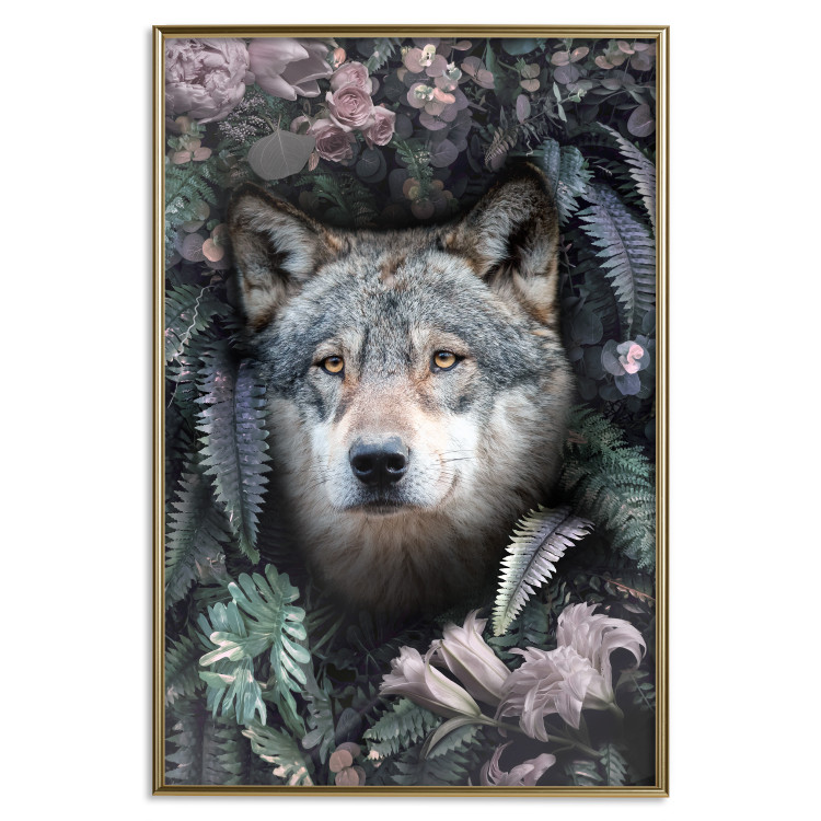 Wall Poster Wolf in Flowers - portrait of a wolf against a background of green plants and flowers 138697 additionalImage 19