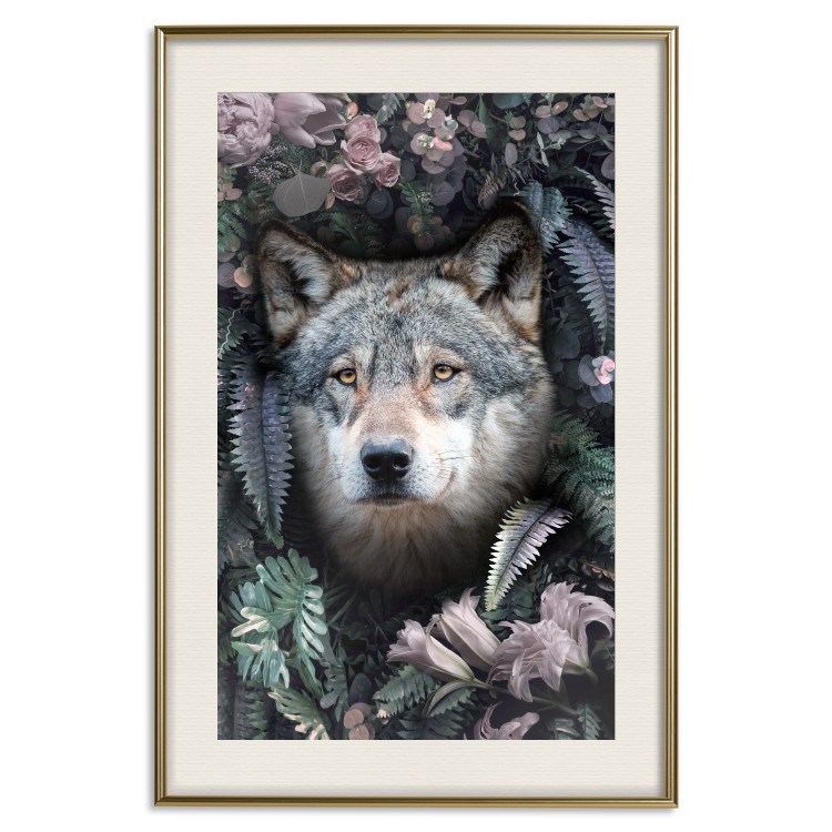 Wall Poster Wolf in Flowers - portrait of a wolf against a background of green plants and flowers 138697 additionalImage 17