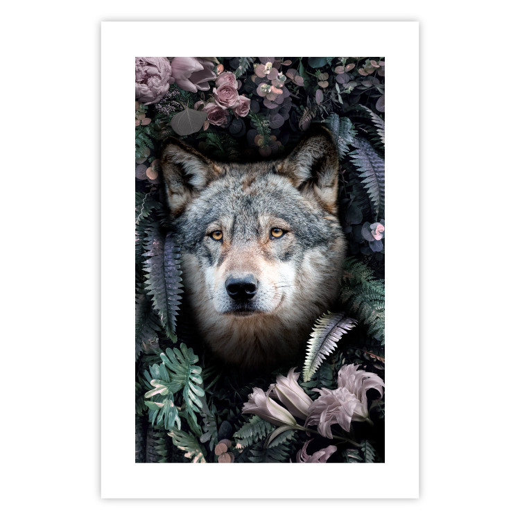 Wall Poster Wolf in Flowers - portrait of a wolf against a background of green plants and flowers 138697 additionalImage 23