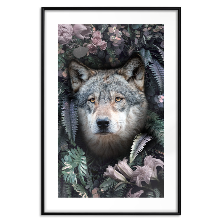 Wall Poster Wolf in Flowers - portrait of a wolf against a background of green plants and flowers 138697 additionalImage 13
