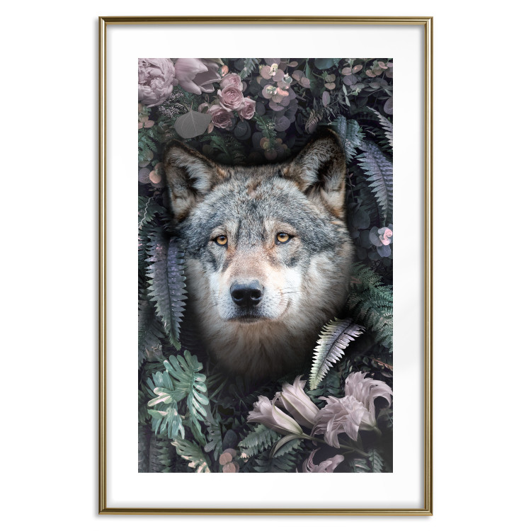 Wall Poster Wolf in Flowers - portrait of a wolf against a background of green plants and flowers 138697 additionalImage 19