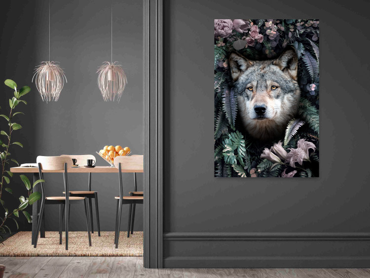 Wall Poster Wolf in Flowers - portrait of a wolf against a background of green plants and flowers 138697 additionalImage 4