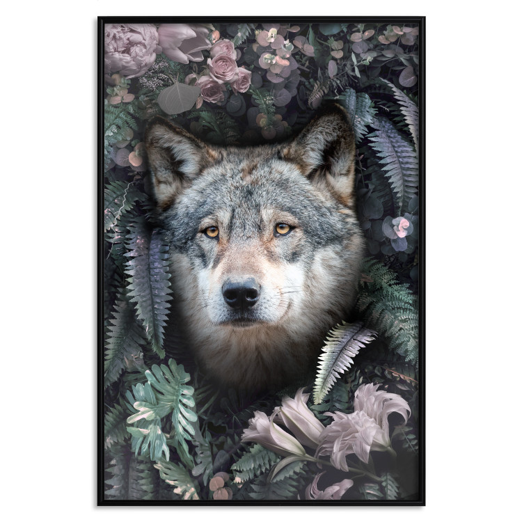 Wall Poster Wolf in Flowers - portrait of a wolf against a background of green plants and flowers 138697 additionalImage 27