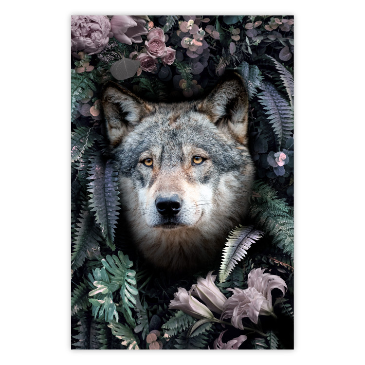 Wall Poster Wolf in Flowers - portrait of a wolf against a background of green plants and flowers 138697