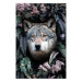 Wall Poster Wolf in Flowers - portrait of a wolf against a background of green plants and flowers 138697