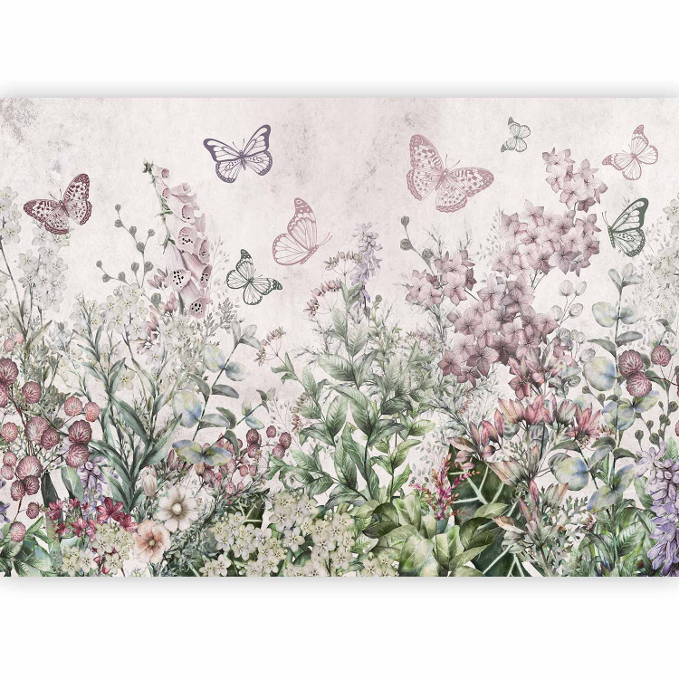 Wall Mural Winged meadow - landscape with plants and butterflies in shades of pink 143497 additionalImage 1