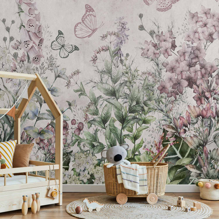 Wall Mural Winged meadow - landscape with plants and butterflies in shades of pink 143497