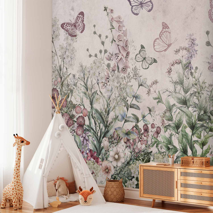Wall Mural Winged meadow - landscape with plants and butterflies in shades of pink 143497 additionalImage 2