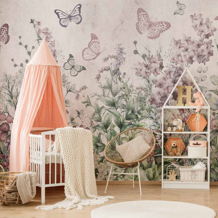Wall Mural Winged meadow - landscape with plants and butterflies in shades of pink 143497 additionalImage 6