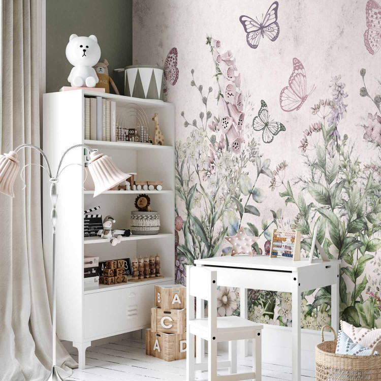 Wall Mural Winged meadow - landscape with plants and butterflies in shades of pink 143497 additionalImage 7