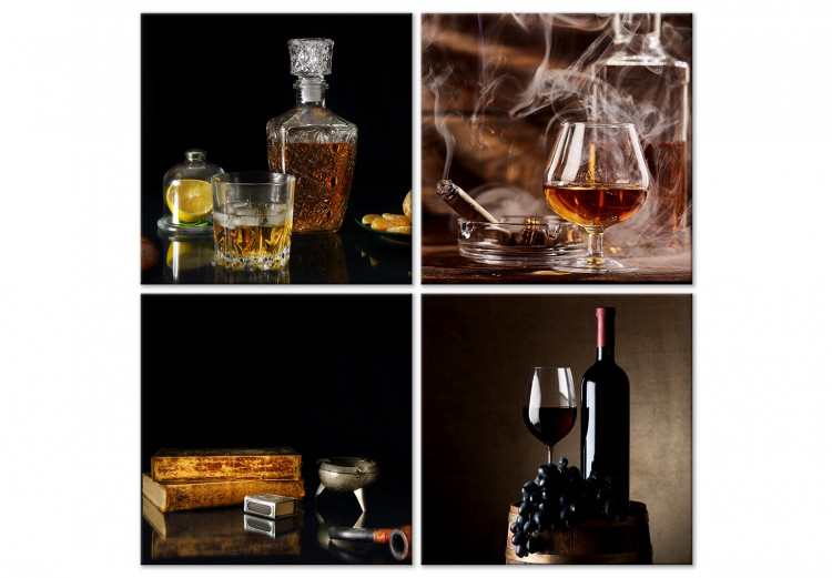 Canvas Luxurious Alcoholic Drinks - Glasses, Bottles and Cigars in a Bar Atmosphere 145497