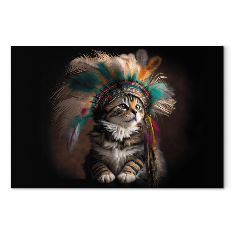 Canvas AI Kitty - Portrait of a Proud Animal in an Indian Headdress - Horizontal 150197