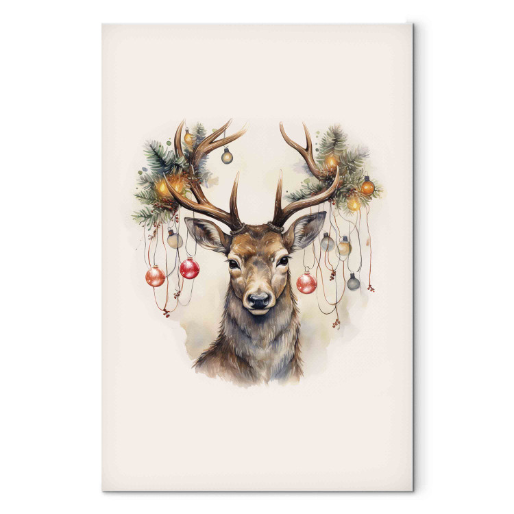 Canvas Print Christmas Guest - Watercolor Illustration of a Deer With Decorated Antlers 151697