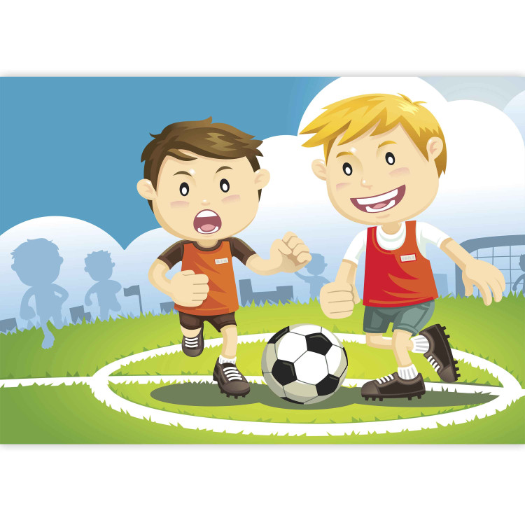 Wall Mural Football Players - Boys playing soccer on a green field for children 61197 additionalImage 3