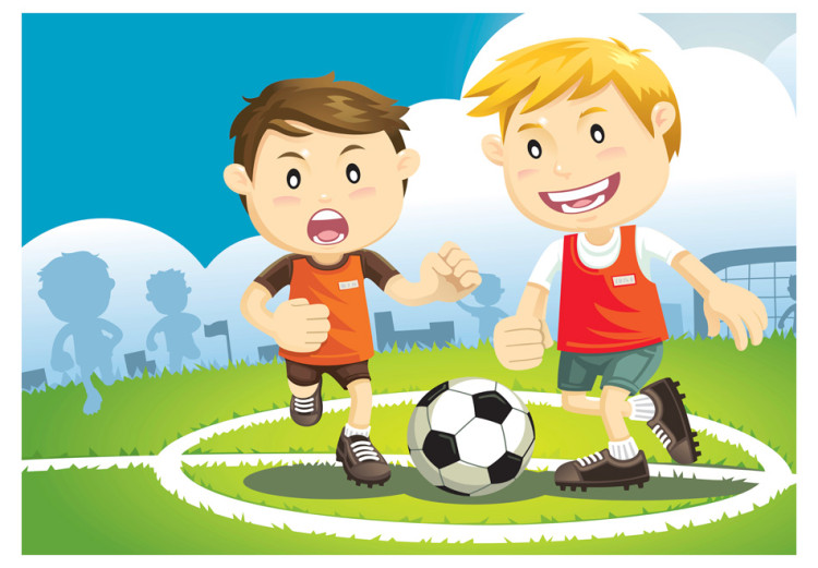 Wall Mural Football Players - Boys playing soccer on a green field for children 61197 additionalImage 1