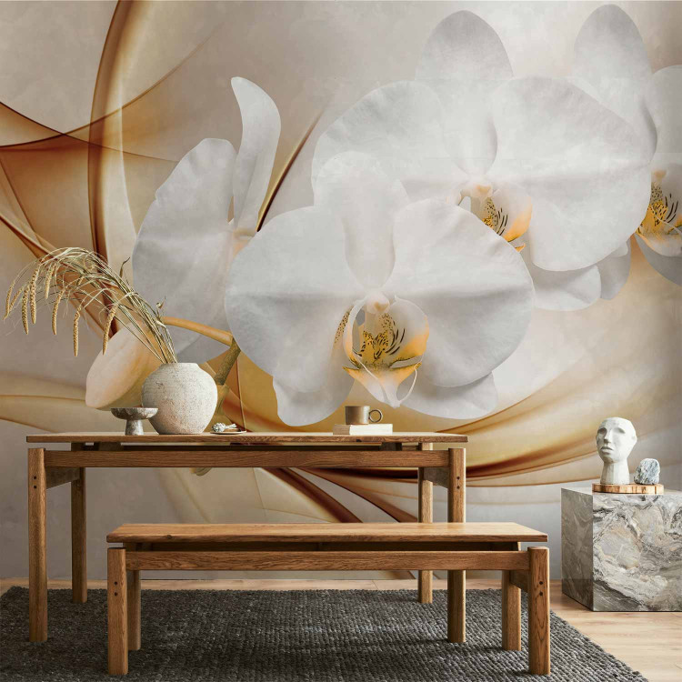 Wall Mural Floral Abstraction - White orchid with buds on an intricate beige background 61797 additionalImage 6