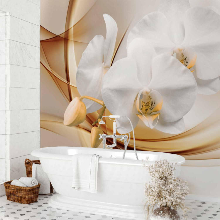 Wall Mural Floral Abstraction - White orchid with buds on an intricate beige background 61797 additionalImage 8