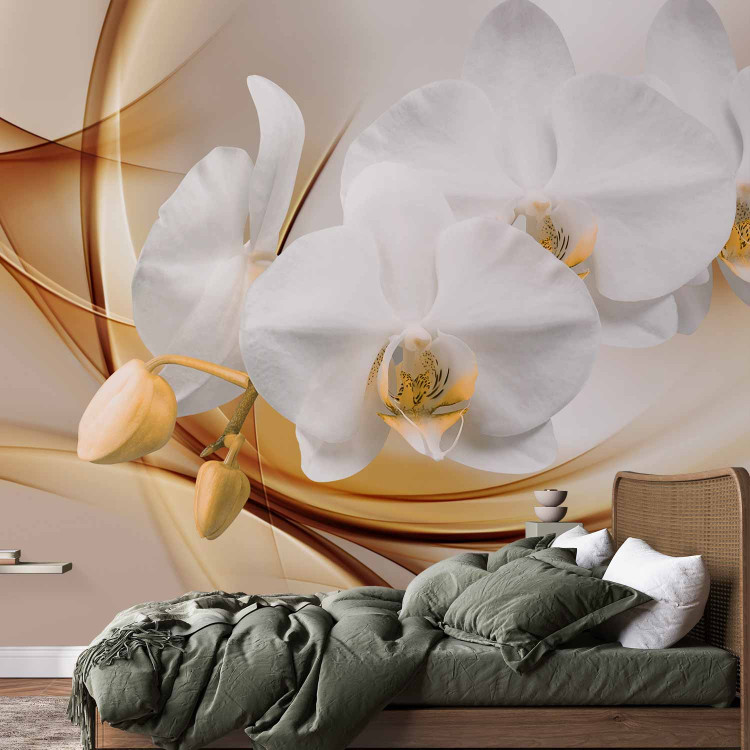 Wall Mural Floral Abstraction - White orchid with buds on an intricate beige background 61797 additionalImage 2