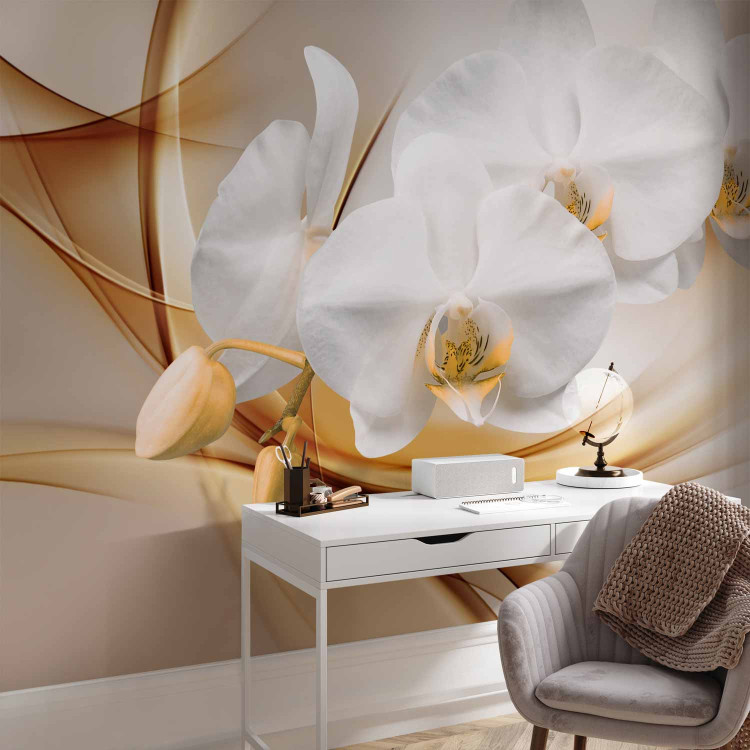 Wall Mural Floral Abstraction - White orchid with buds on an intricate beige background 61797 additionalImage 4