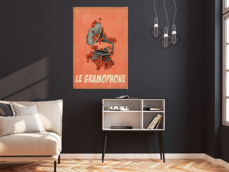 Canvas Art Print Grey gramophone with flowers - musical theme with a French inscription 123608 additionalImage 3