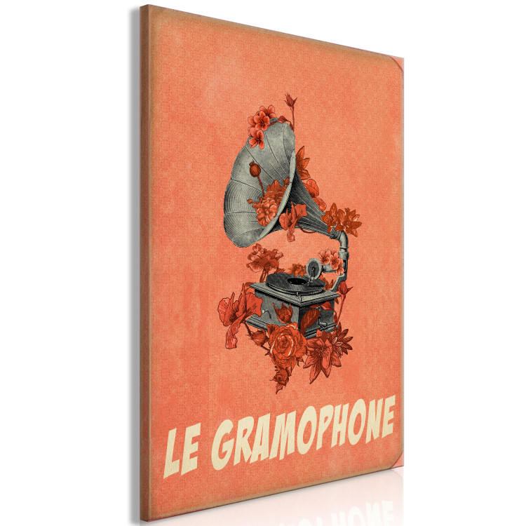 Canvas Art Print Grey gramophone with flowers - musical theme with a French inscription 123608 additionalImage 2