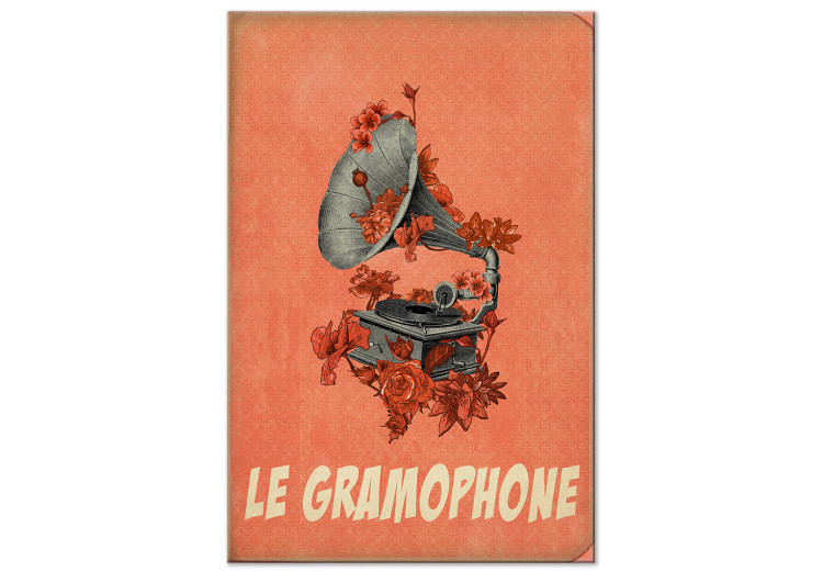 Canvas Art Print Grey gramophone with flowers - musical theme with a French inscription 123608