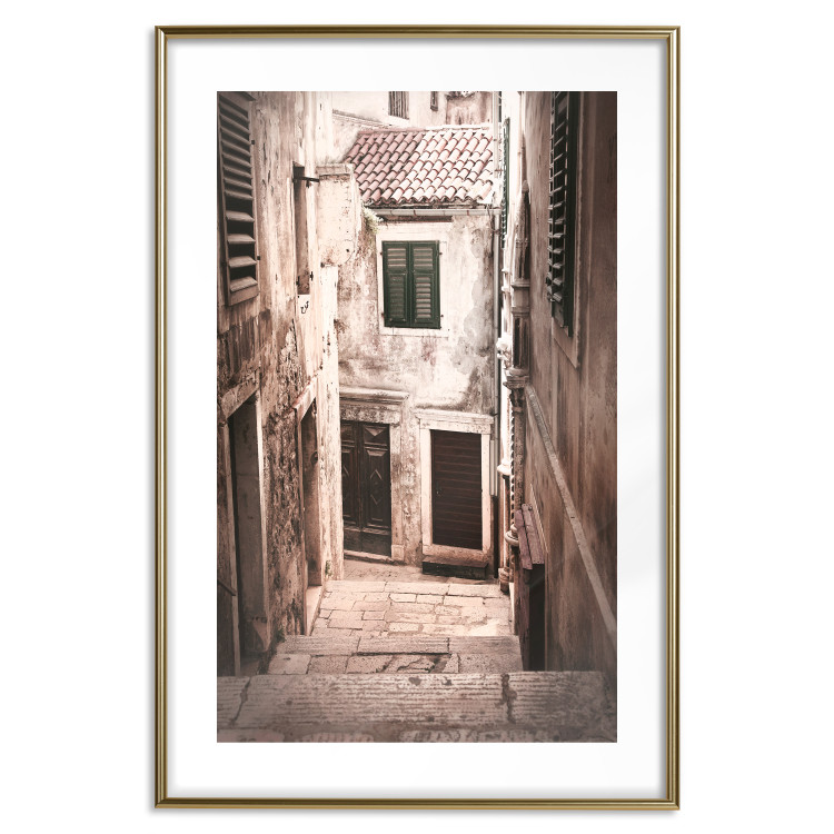 Poster Retro Alley - urban architecture of a stone alleyway in sepia tone 128608 additionalImage 17