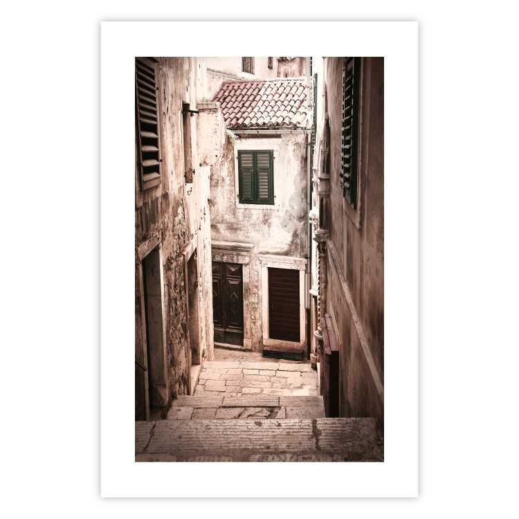 Poster Retro Alley - urban architecture of a stone alleyway in sepia tone 128608 additionalImage 18