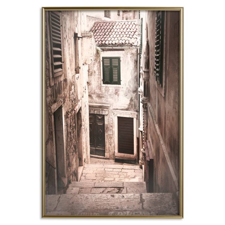 Poster Retro Alley - urban architecture of a stone alleyway in sepia tone 128608 additionalImage 14