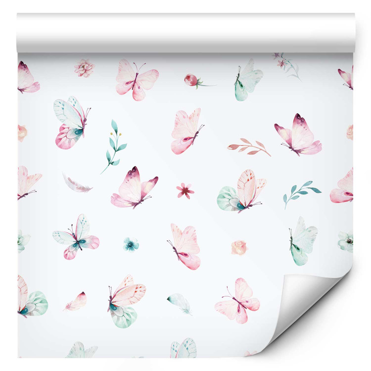 Wallpaper Spring - Pastel Butterflies, Flowers, Leaves and Feathers on a White Background 149908 additionalImage 1