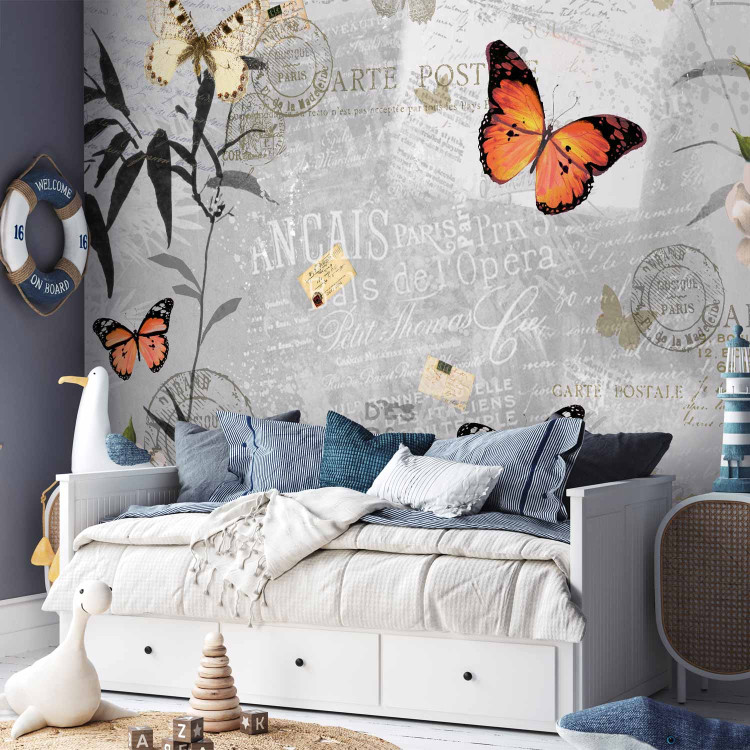 Wall Mural Postcard with Nature - Butterflies on a gray and white background with captions and flowers 61308 additionalImage 4