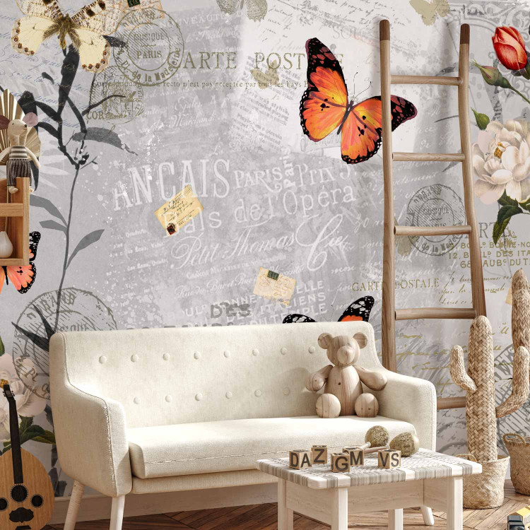 Wall Mural Postcard with Nature - Butterflies on a gray and white background with captions and flowers 61308 additionalImage 2
