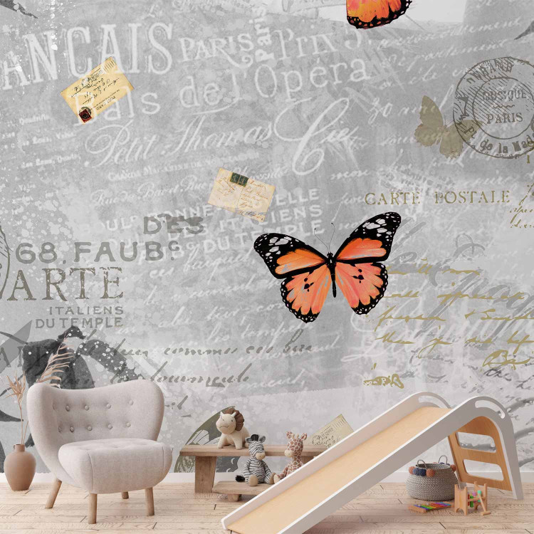 Wall Mural Postcard with Nature - Butterflies on a gray and white background with captions and flowers 61308 additionalImage 6