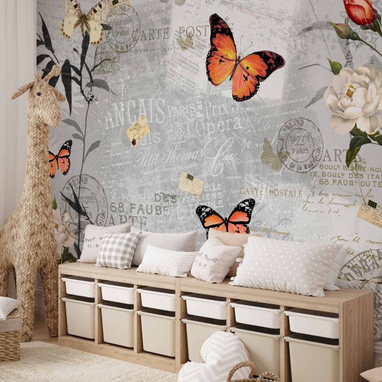 Wall Mural Postcard with Nature - Butterflies on a gray and white background with captions and flowers 61308 additionalImage 8