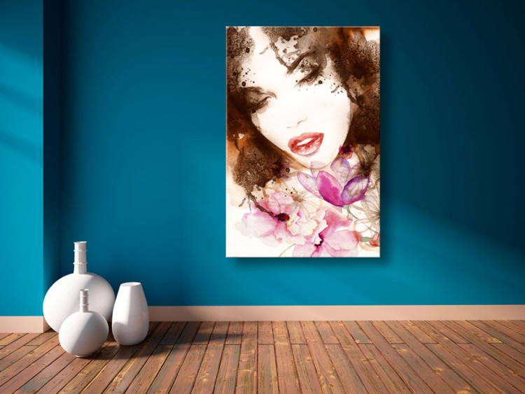 Canvas Art Print Dressed in flowers - sensual portrait of a woman with pink plants 64408 additionalImage 3