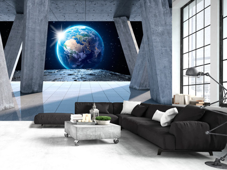 Photo Wallpaper Concrete architecture of a galaxy - space landscape with moon and Earth 72508